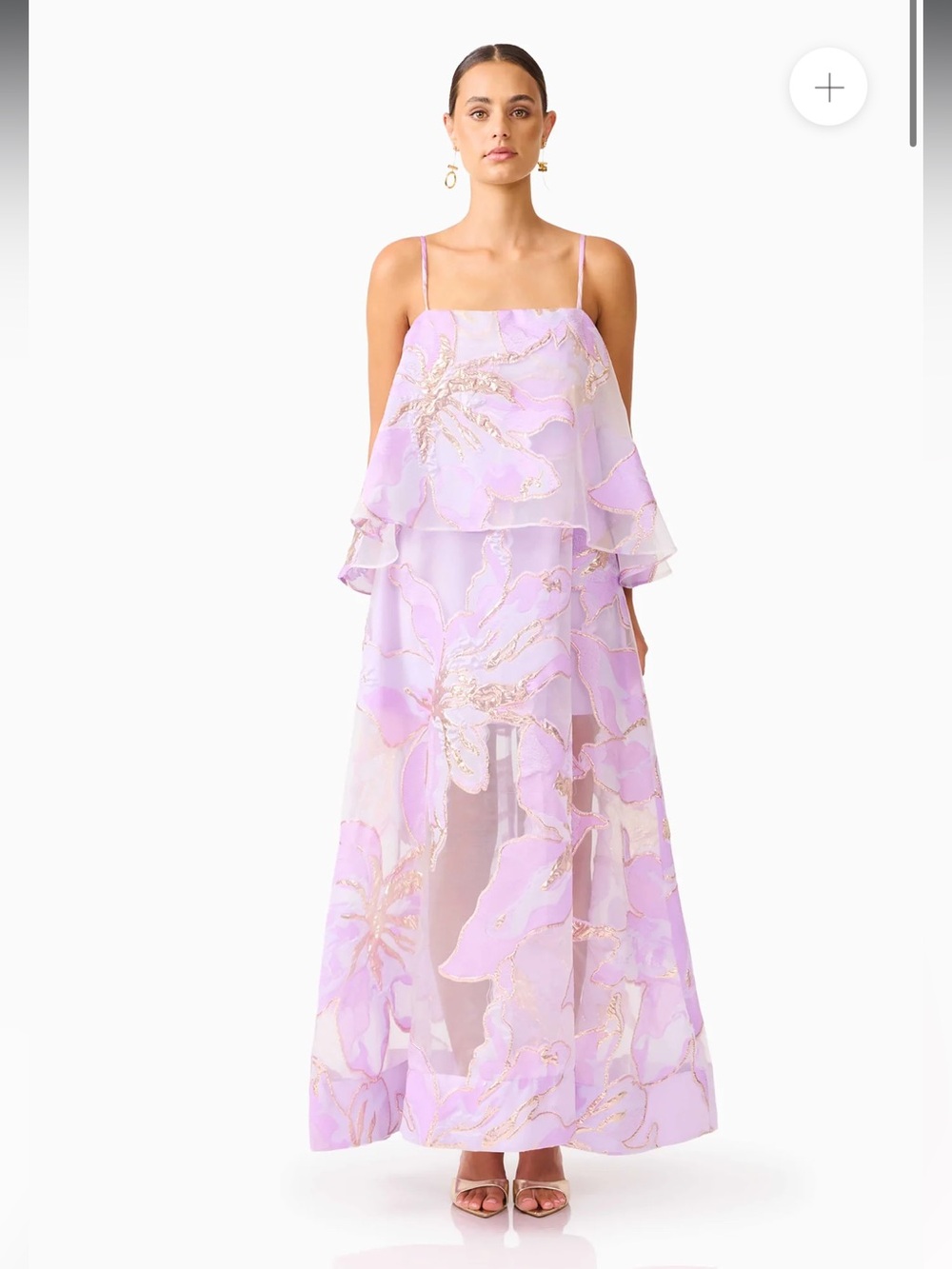 elliatt elysia purple & gold floral flared tiered maxi gown dress medium NEW